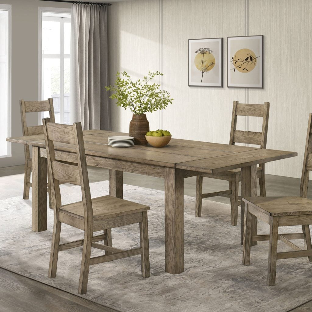 Cardova 5-piece extension dining set in vineyard oak wood, full set front view with table closed