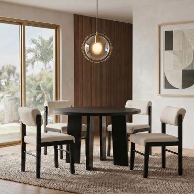Strouse 5-piece dining set in cream and black wood, full set front view