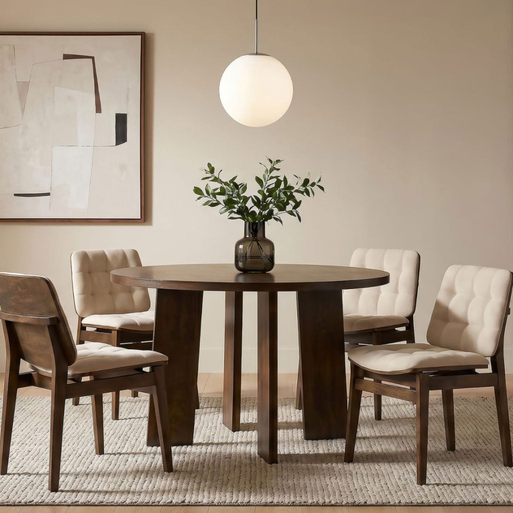 Strouse 5-piece dining set in cream and walnut wood, full set front view