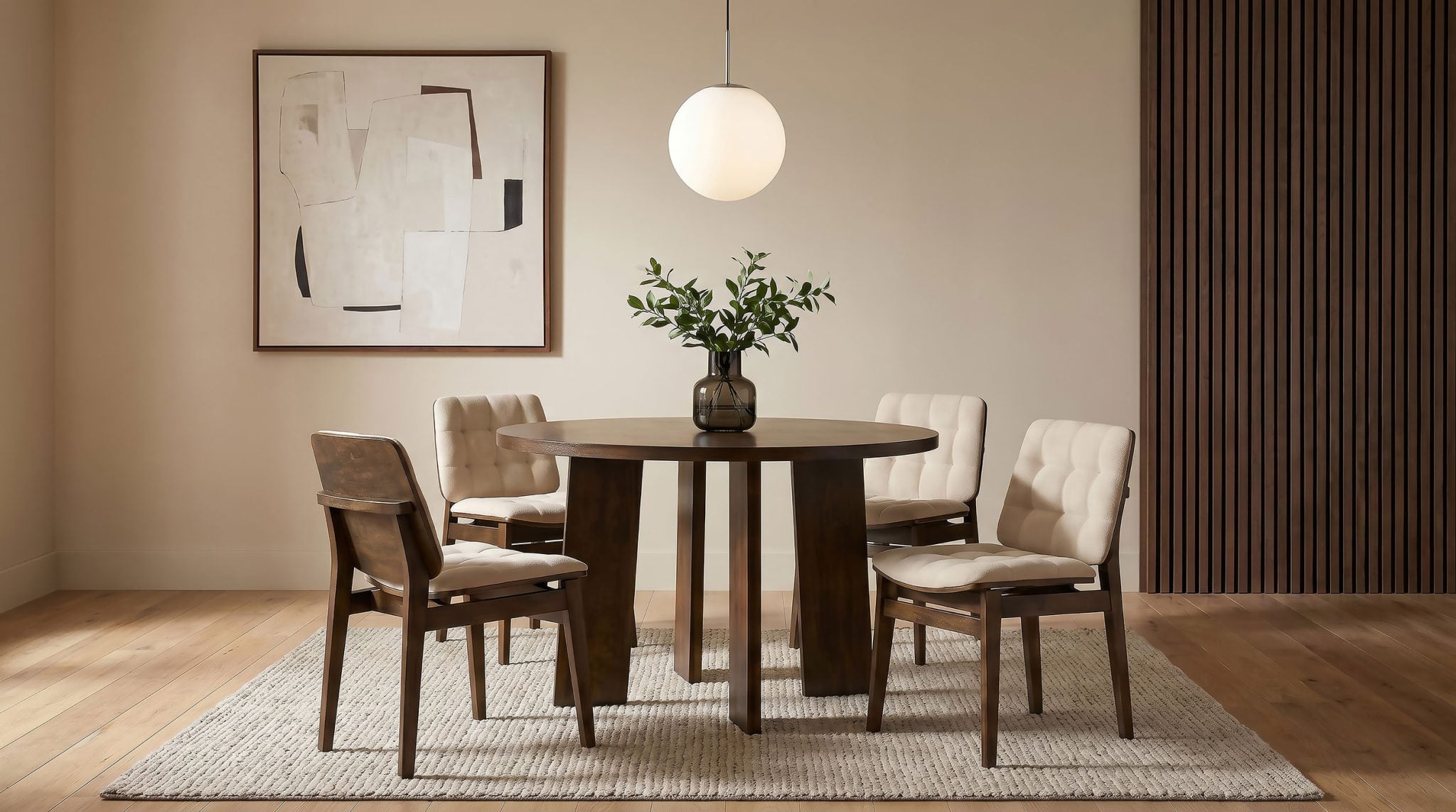 Strouse 5-piece dining set in cream and walnut wood, full set front view