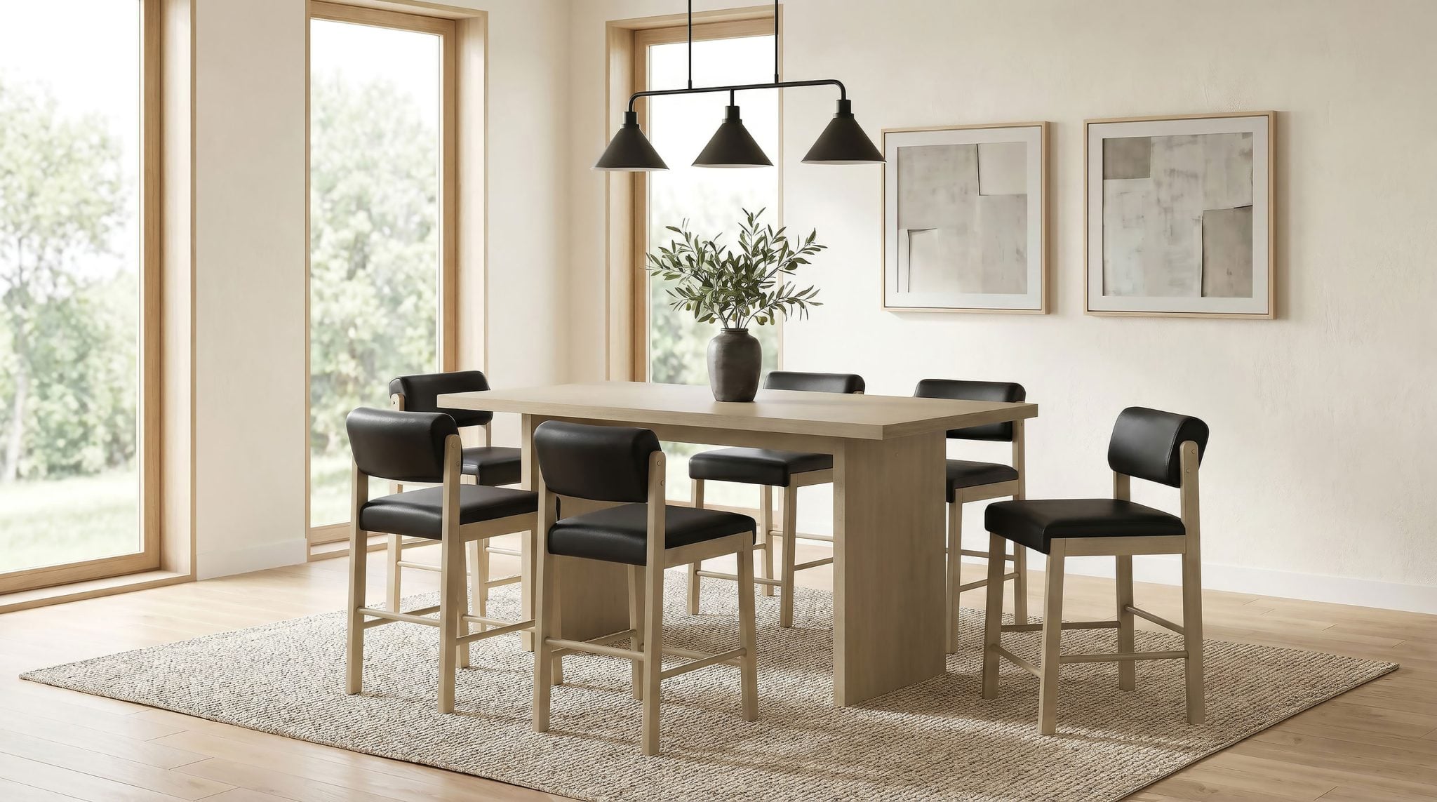 Decker 7-piece counter-height dining set in natural oak and black wood, full set front view