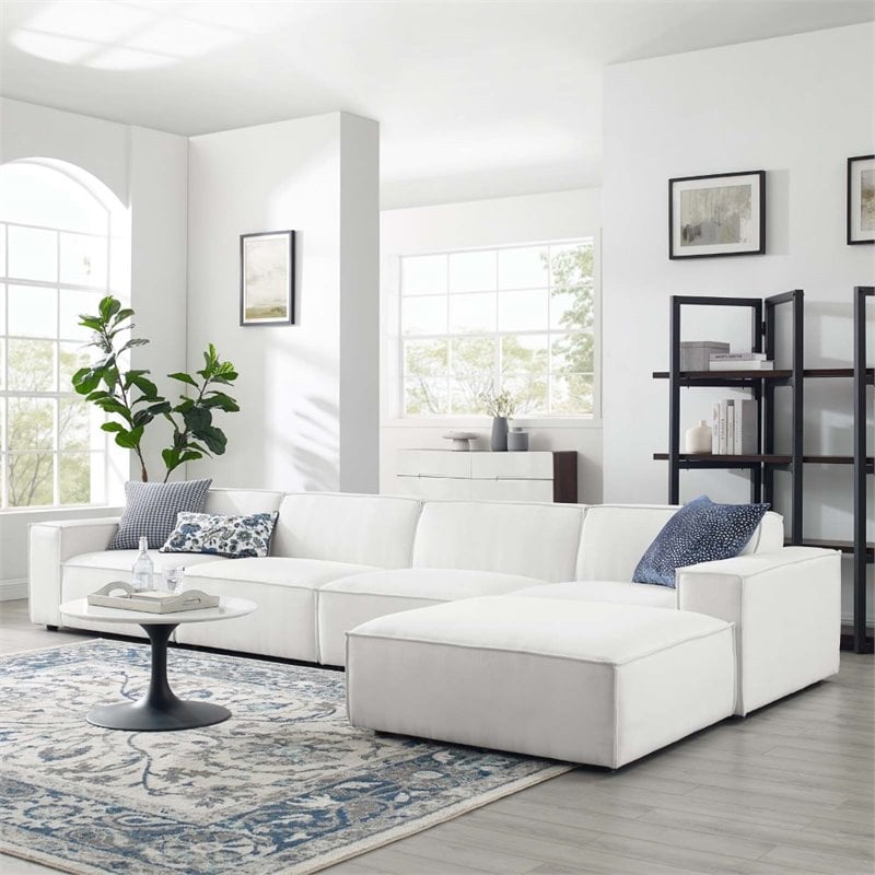 Restore modern white polyester fabric 5-piece modular sectional, angled view