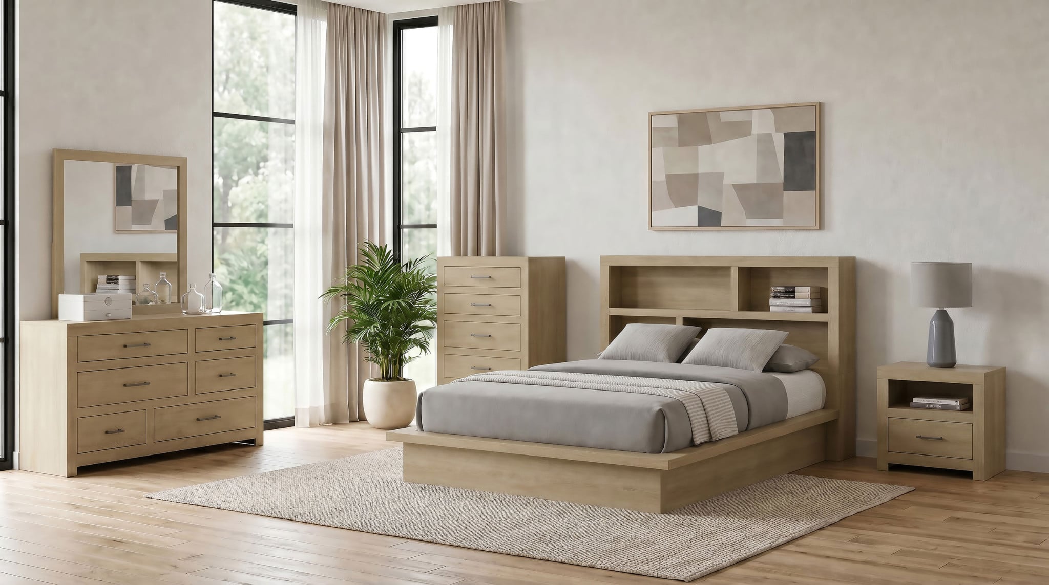 Hendricks Bookcase Bed 5-Piece Queen Bedroom Set in Light Oak - room view