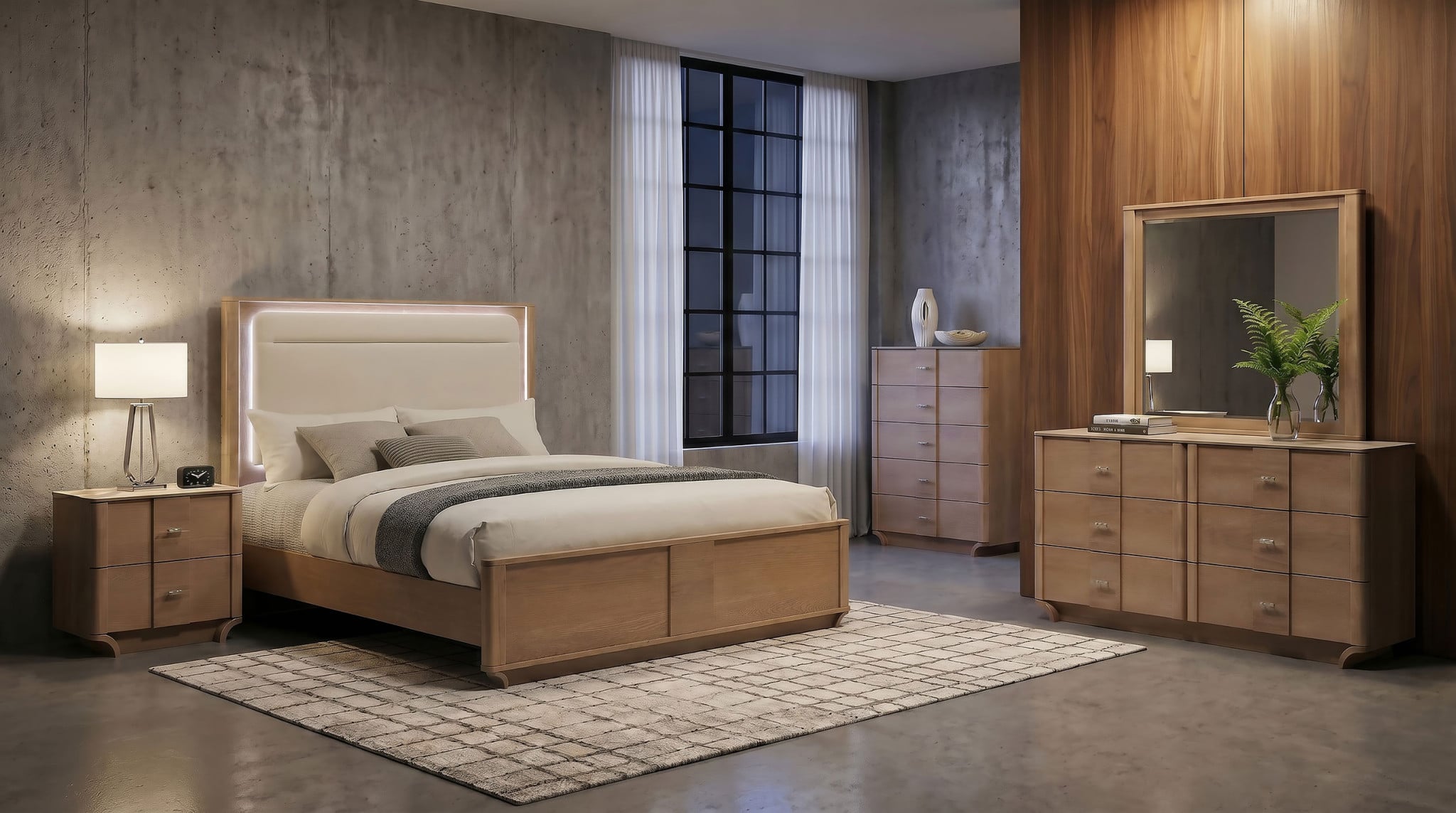 Leanne 5-Piece Queen Bedroom Set with LED Bed in Light Oak - room view