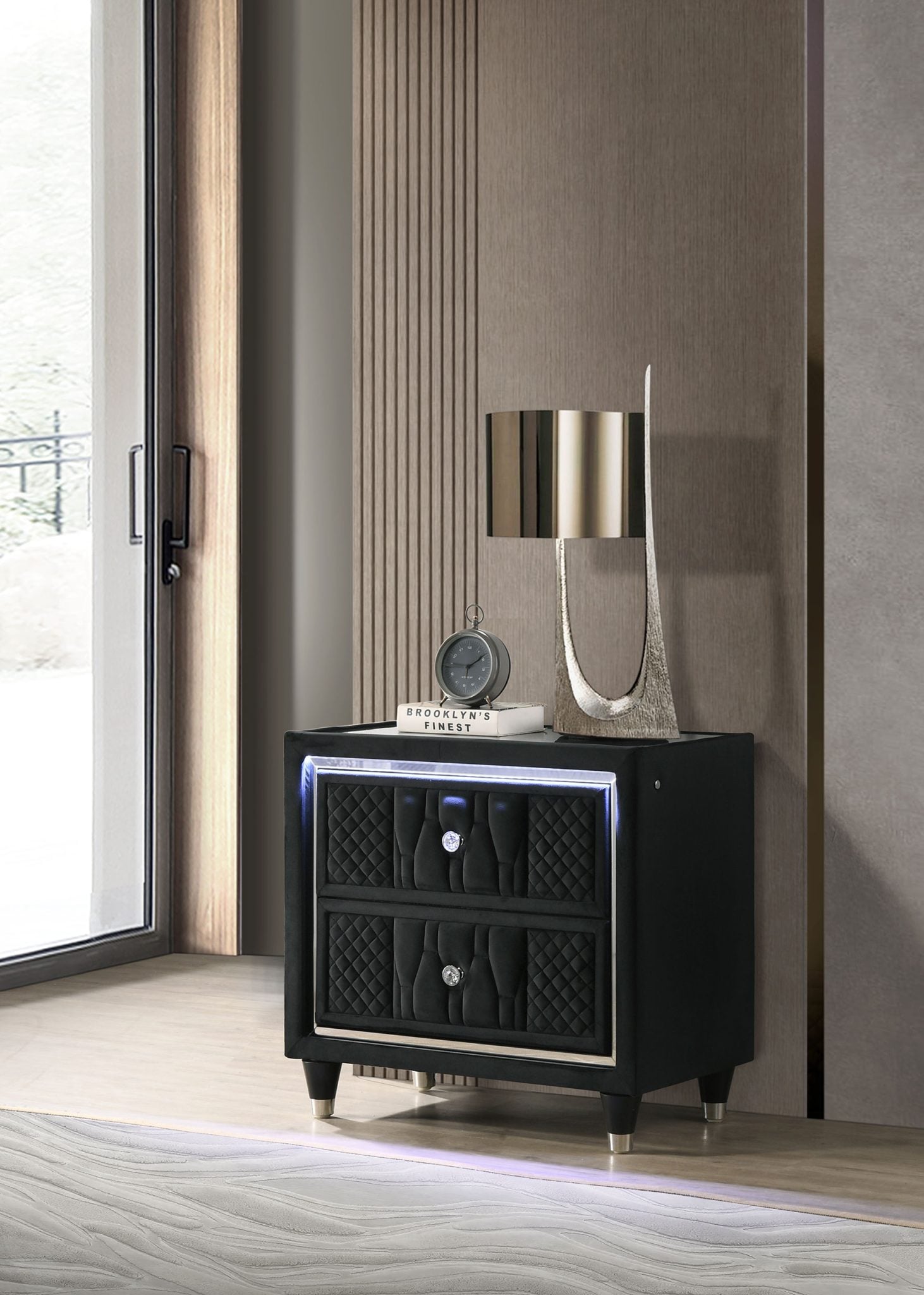 Lorient Black Velvet 2-Drawer Nightstand with USB Charging and LED Lighting by Coaster - Lorient black nightstand with USB charging view 1