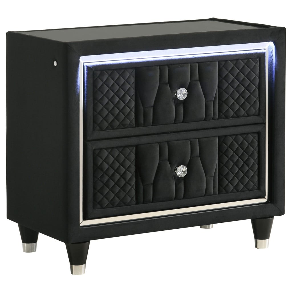 Lorient Black Velvet 2-Drawer Nightstand with USB Charging and LED Lighting by Coaster - Lorient black nightstand with USB charging view 2
