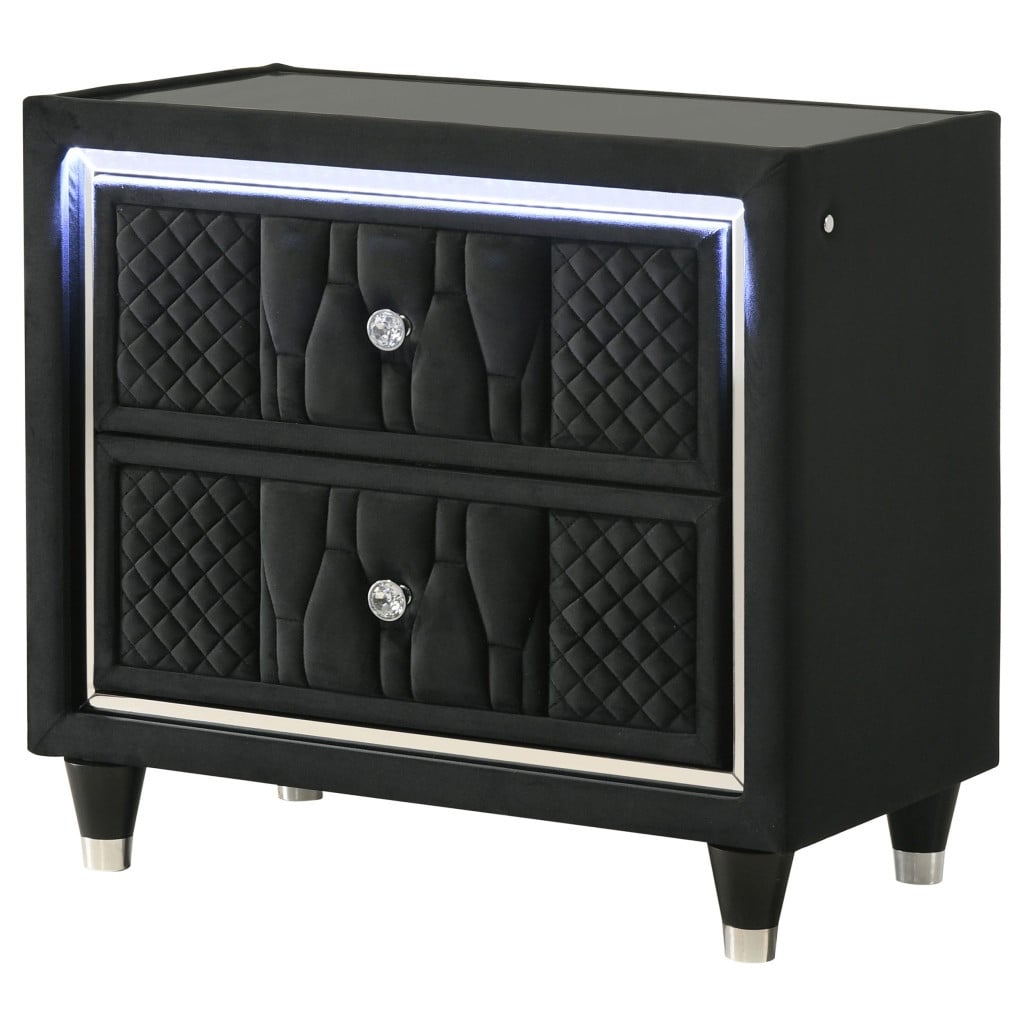 Lorient Black Velvet 2-Drawer Nightstand with USB Charging and LED Lighting by Coaster - Lorient black nightstand with USB charging view 3