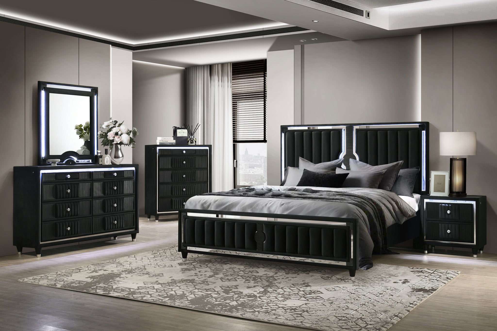 Ravenne Upholstered LED 5-Piece Queen Bedroom Set in Black - room view
