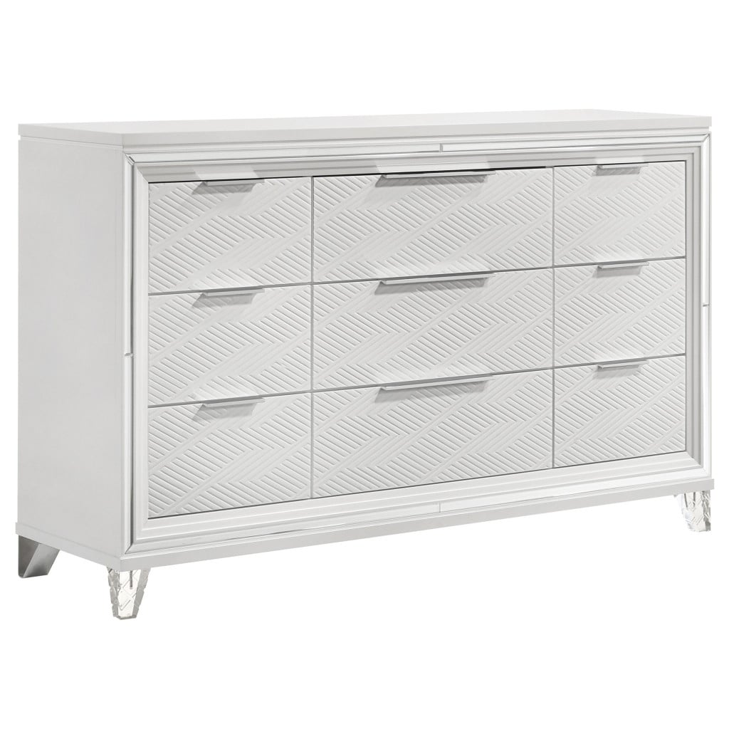 Marmore white 9-drawer dresser with herringbone drawer fronts angled view