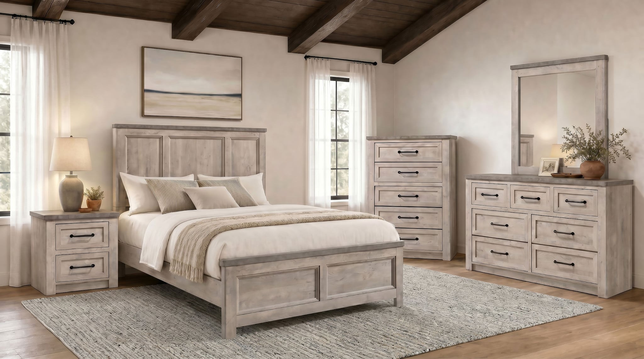Nevado Queen Farmhouse Bedroom Set, 5-Piece, Weathered Taupe - room view