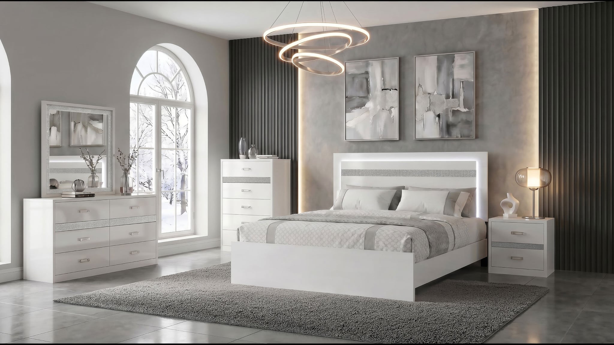 Viana Queen LED Bedroom Set, 5-Piece, White High Gloss - styled room view