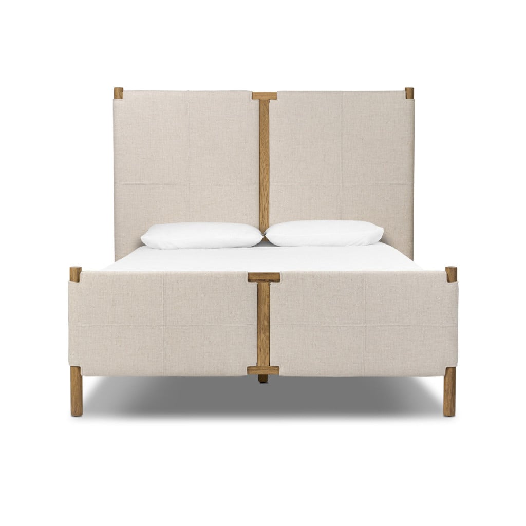 Front view of the Salado queen bed in Antigo Natural with heirloom leather panel headboard | Three-quarter view of the Salado bed showing the 54-inch tall leather headboard | Side profile of the Salado queen bed with solid oak framing | Close-up of the heirloom leather panels in Antigo Natural on the Salado headboard | Rear view of the Salado queen bed | Detail of the Salado's upholstered side rails in performance fabric | Close-up of the buttery lived-in leather finish from the Bassano del Grappa tannery | Detail of the solid oak frame joinery on the Salado bed | Close-up of the leather panel stitching on the Salado headboard | Detail of the Salado's oak and leather material transition | Room scene with the Salado queen bed in a styled bedroom | Detail view of the Antigo Natural leather grain