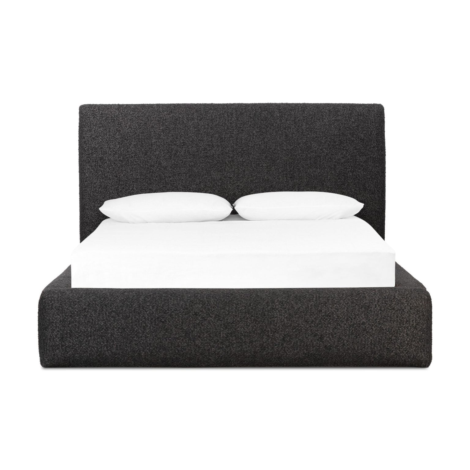 Front view of the Quincy king bed in deep charcoal grey boucle-look weave with padded frame | Three-quarter view of the Quincy bed showing the fully upholstered rounded shaping | Side profile of the Quincy king bed with 48-inch padded headboard | Room scene with the Quincy charcoal upholstered bed in a moody bedroom | Close-up of the dark grey textured boucle-look upholstery | Rear view of the Quincy king bed | Detail of the Quincy's padded headboard upholstery | Close-up of the nubby weave texture in natural light | Detail of the Quincy's rounded frame edges | Close-up of the upholstery seams and tailored finish | Detail of the charcoal weave depth and variation | Top-down view showing the Quincy's 89-inch width in charcoal grey | Detail view of the padded side rail upholstery
