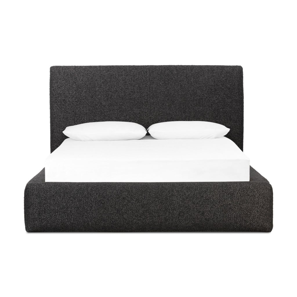 Front view of the Quincy king bed in deep charcoal grey boucle-look weave with padded frame | Three-quarter view of the Quincy bed showing the fully upholstered rounded shaping | Side profile of the Quincy king bed with 48-inch padded headboard | Room scene with the Quincy charcoal upholstered bed in a moody bedroom | Close-up of the dark grey textured boucle-look upholstery | Rear view of the Quincy king bed | Detail of the Quincy's padded headboard upholstery | Close-up of the nubby weave texture in natural light | Detail of the Quincy's rounded frame edges | Close-up of the upholstery seams and tailored finish | Detail of the charcoal weave depth and variation | Top-down view showing the Quincy's 89-inch width in charcoal grey | Detail view of the padded side rail upholstery