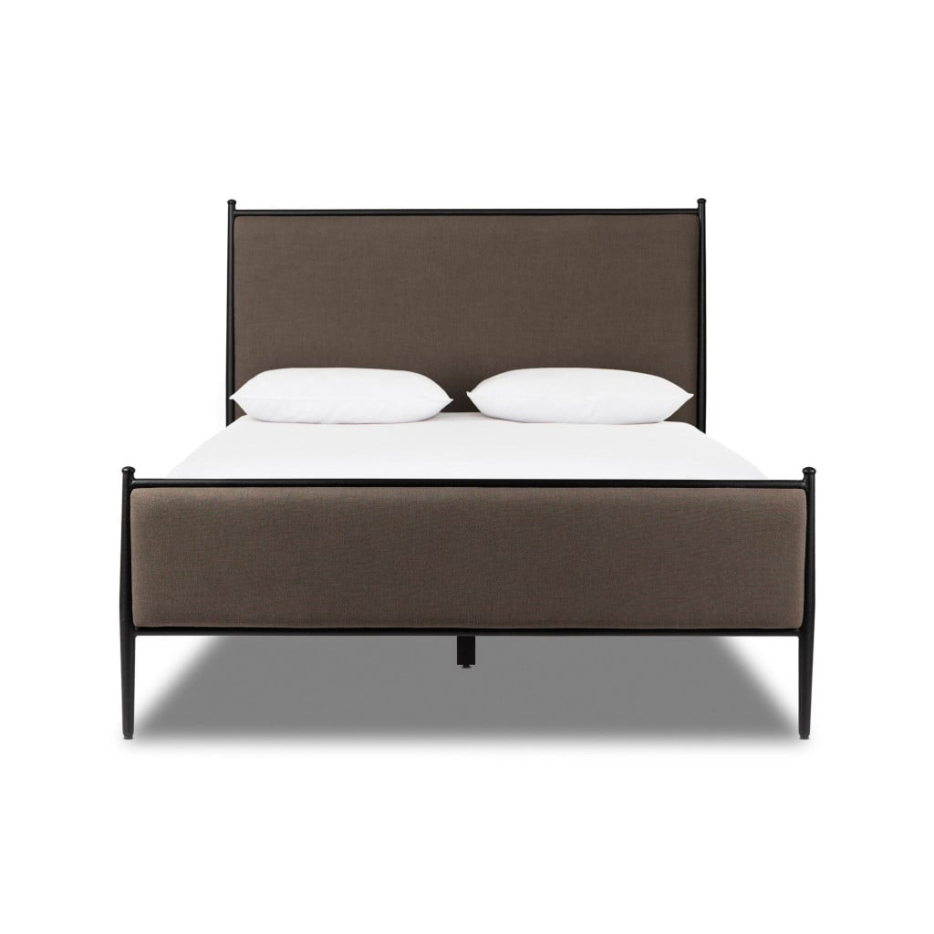 Front view of the Xander queen bed with Savoy Coffee headboard and black iron frame | Three-quarter view showing the ball finials and tapered legs | Side profile of the Xander bed with 50.5-inch headboard | Close-up of the Savoy Coffee upholstery texture | Rear view of the Xander queen bed | Detail of the rounded ball finial craftsmanship | Close-up of the textured black iron finish | Detail of the tapered iron legs | Close-up of the coffee upholstery weave | Detail of the headboard-to-frame transition