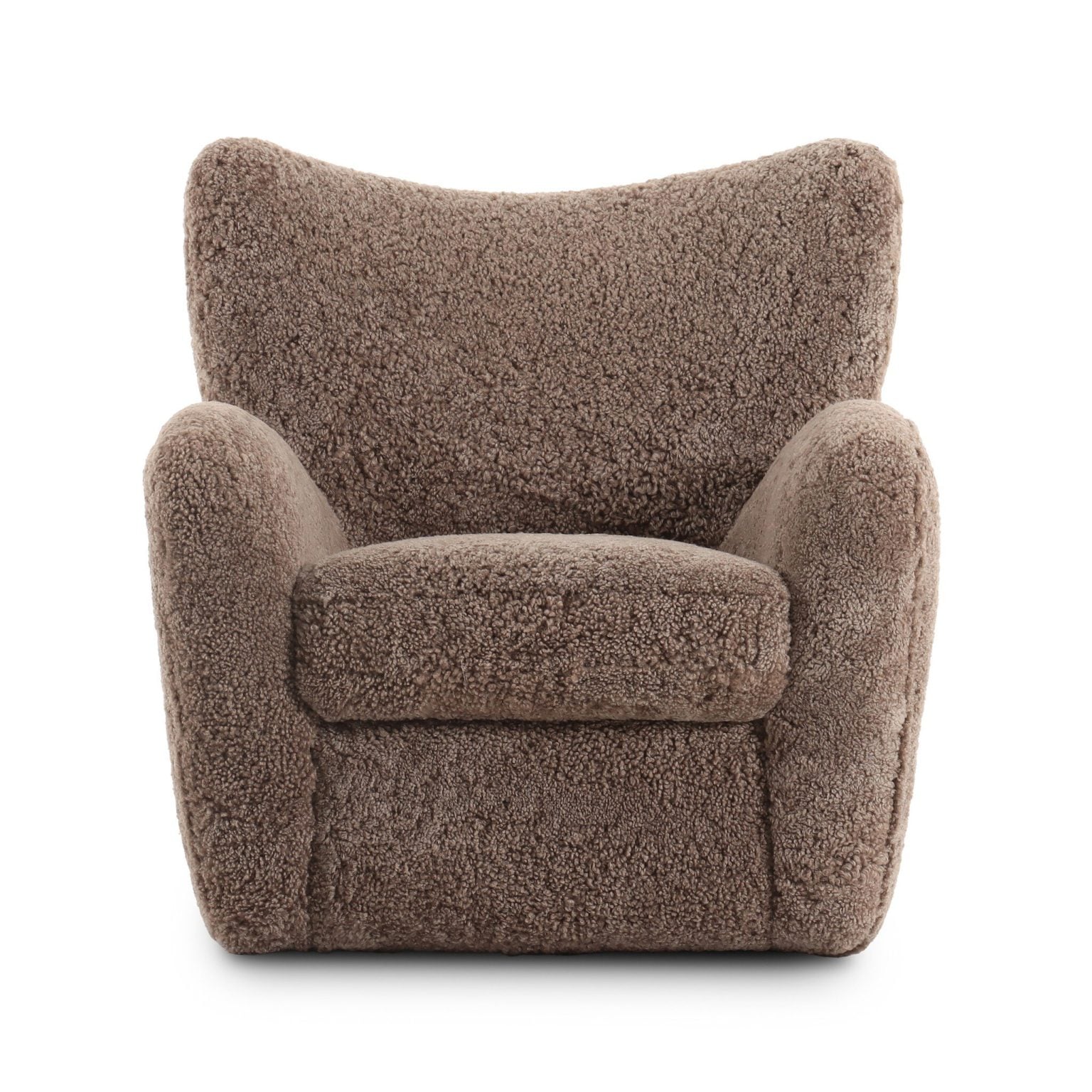 Front view of the Amelie accent chair in taupe shearling with wingback silhouette | Three-quarter view showing the curved arms and hidden legs | Side profile of the Amelie chair, 36.5 inches tall | Room scene with the Amelie shearling chair in a reading corner | Close-up of the taupe shearling pile texture | Rear view of the Amelie accent chair | Detail of the genuine shearling upholstery | Close-up of the loose boxed seat cushion | Detail of the curved arm craftsmanship | Close-up of the shearling variation in natural light