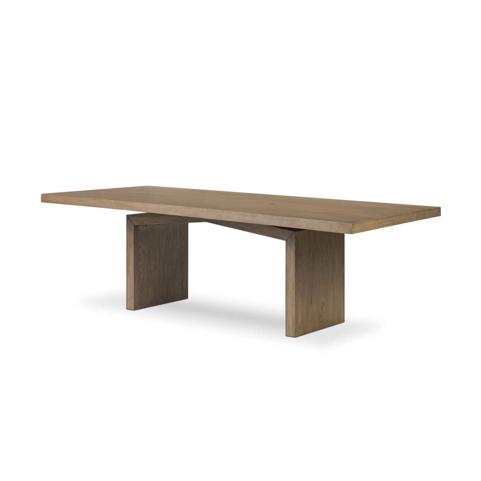 Three-quarter view of the Matthes 96-inch dining table in rustic grey oak | Side profile showing the 3.07-inch-thick tabletop | Close-up of the rustic grey oak veneer grain | Detail of the Matthes' thick top edge profile | Close-up of the grey-washed oak finish texture | Top-down view of the Matthes tabletop surface | Detail of the mortise-and-tenon leg joinery