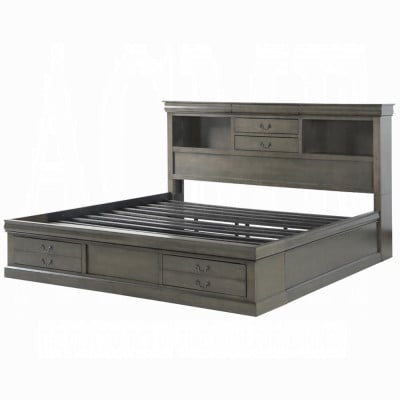 Louis Philippe III Queen Storage Bed in Dark Gray - angled view of the empty bed frame, showing the slat platform, bookcase headboard and footboard drawers