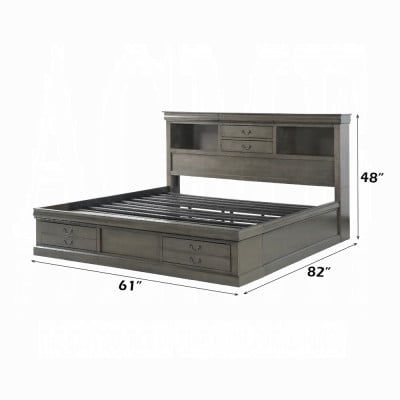 Louis Philippe III Queen Storage Bed in Dark Gray - dimension diagram showing 61 inch width, 82 inch depth and 48 inch headboard height