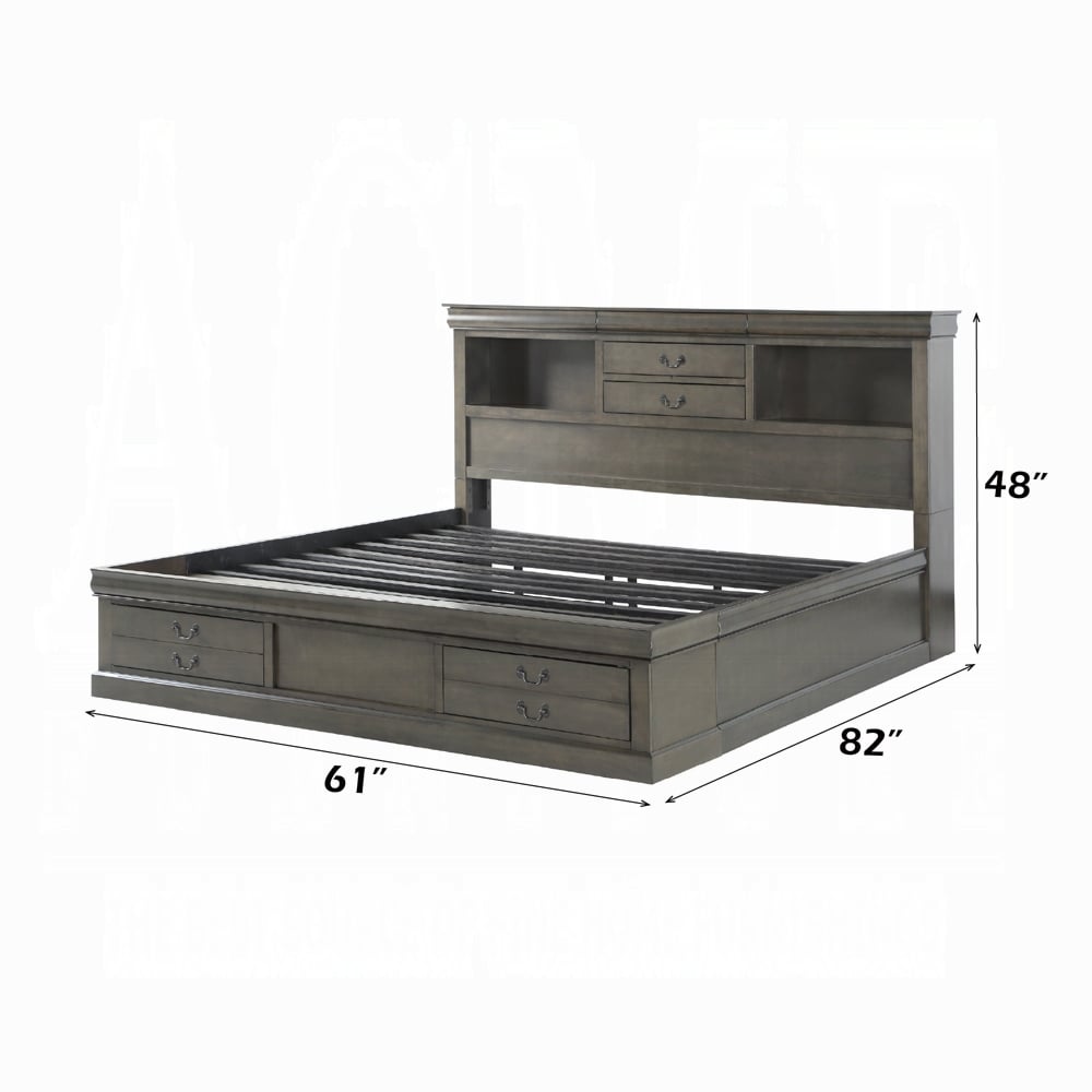 Louis Philippe III Queen Storage Bed in Dark Gray - dimension diagram showing 61 inch width, 82 inch depth and 48 inch headboard height