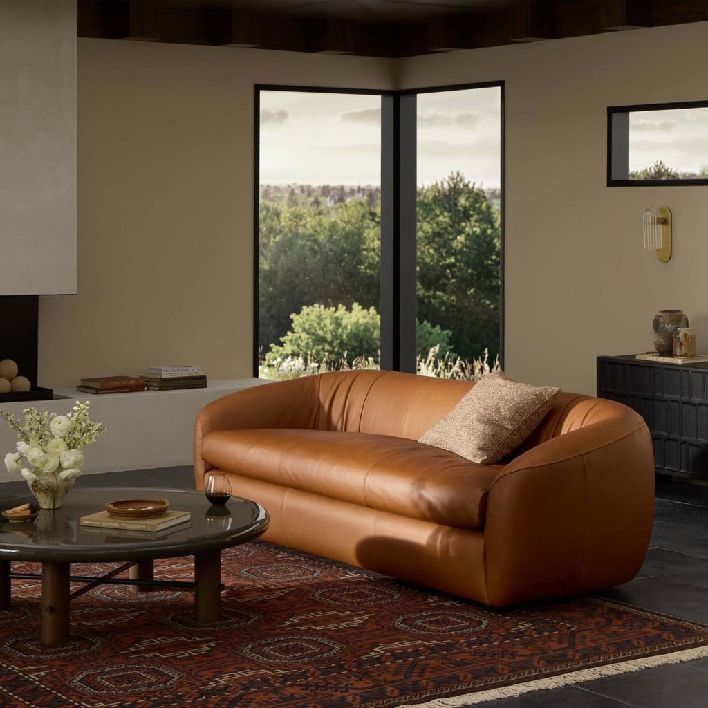 Saldana 95-Inch Lorento Cognac Leather Sofa in a styled room setting