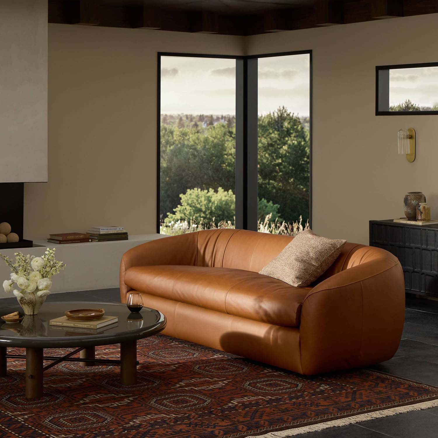 Saldana 95-Inch Lorento Cognac Leather Sofa in a styled room setting