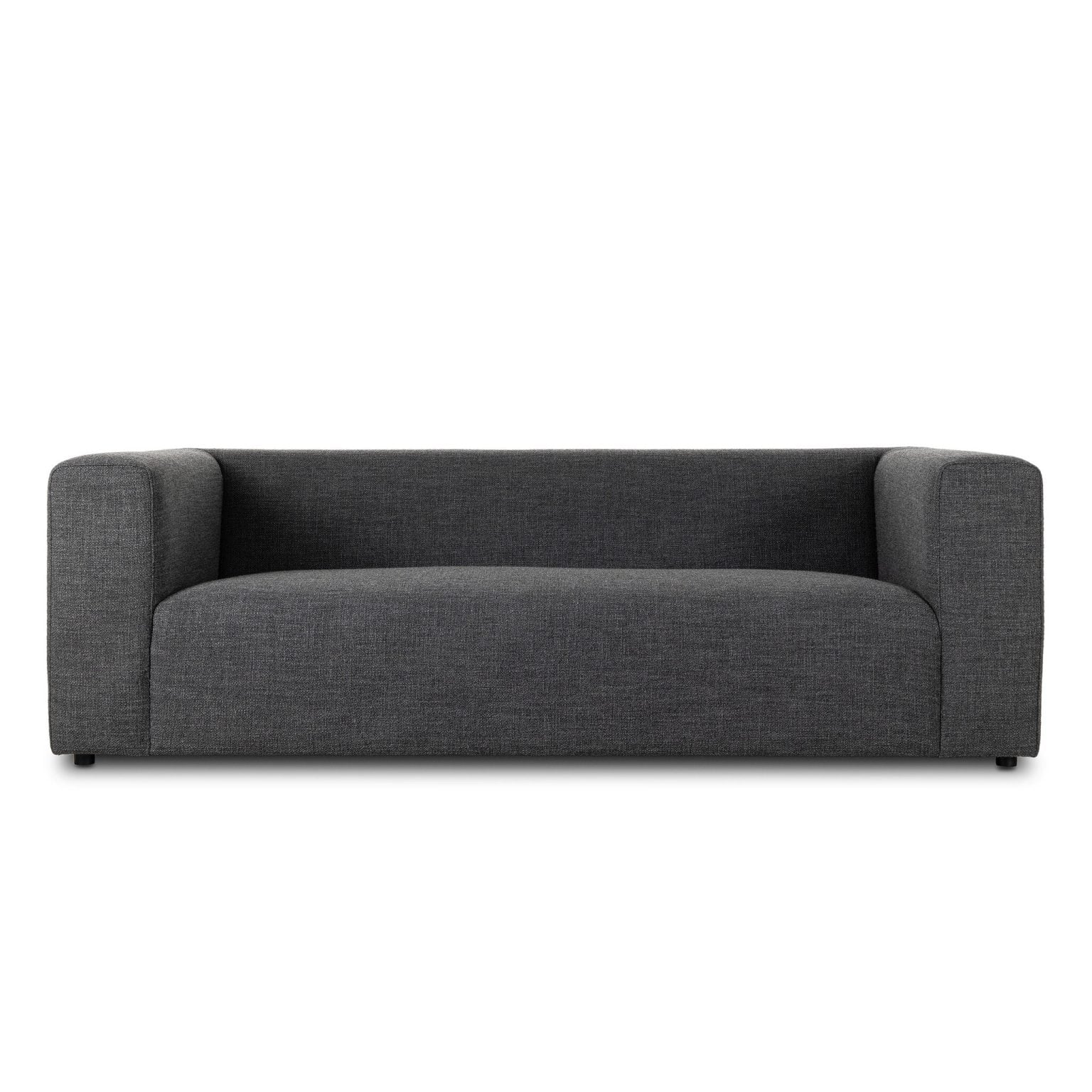 Front view of the Lawndale 89-inch sofa in Saxon Charcoal wool-blend with track arms | Three-quarter view of the Lawndale charcoal sofa showing the low profile and tailored lines | Side profile of the Lawndale sofa highlighting the 11-inch-wide track arm | Close-up of the Saxon Charcoal wool-blend upholstery texture | Rear view of the Lawndale 89-inch track-arm sofa | Detail of the Lawndale's tight seat upholstery and cushion fit | Close-up of the Lawndale's track arm construction | Top-down view of the Lawndale sofa showing seat depth and proportions | Detail of the Lawndale's base and tailored upholstery finish | Close-up of the Lawndale's arm-to-back joinery | Detail view of the Saxon Charcoal weave in natural light