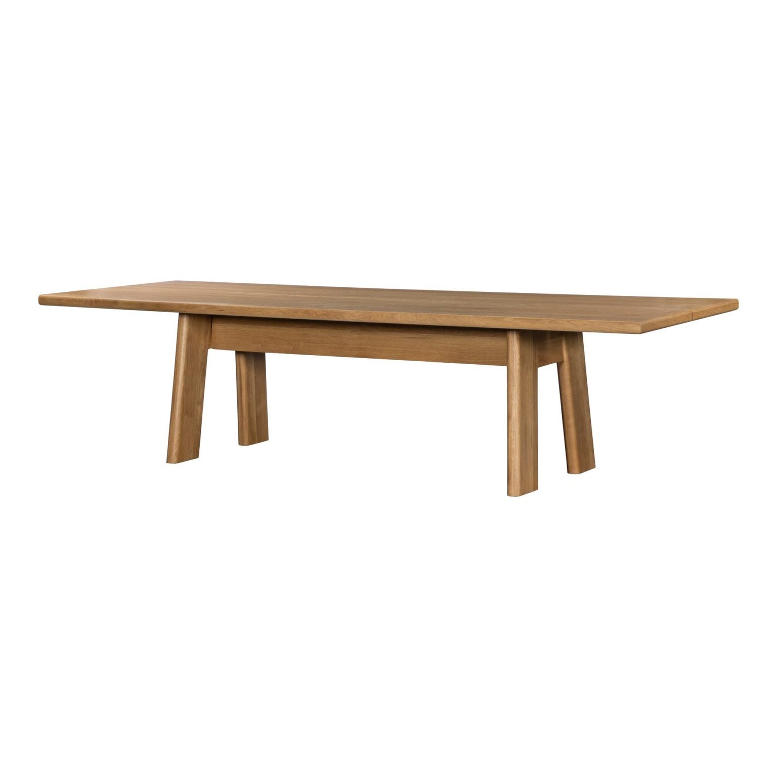Three-quarter view of the Jameson Grand 120-inch dining table in blonde oak | Side profile showing the splayed paddle legs | Room scene with the Jameson Grand table set for a large gathering | Close-up of the splice-detail top joinery | Detail of the blonde oak grain on the tabletop | Close-up of the splayed paddle leg design | Top-down view of the 120-inch tabletop surface | Detail of the butt-joint leg construction | Close-up of the blonde oak finish in natural light