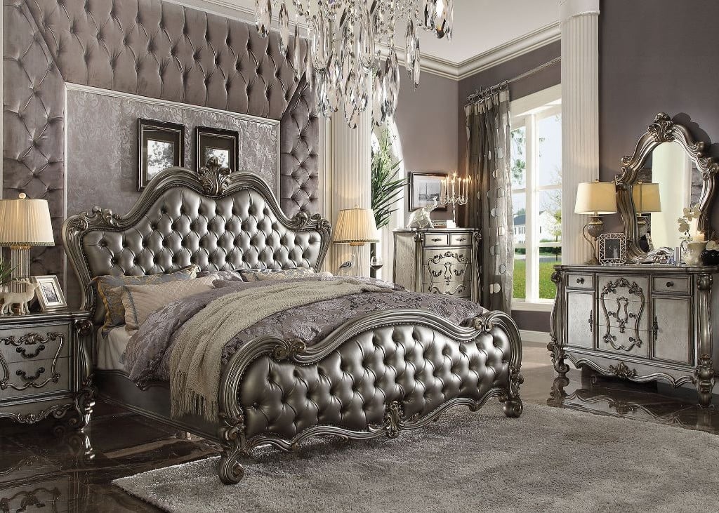 Versailles II Queen Bed in Silver and Antique Platinum - front view