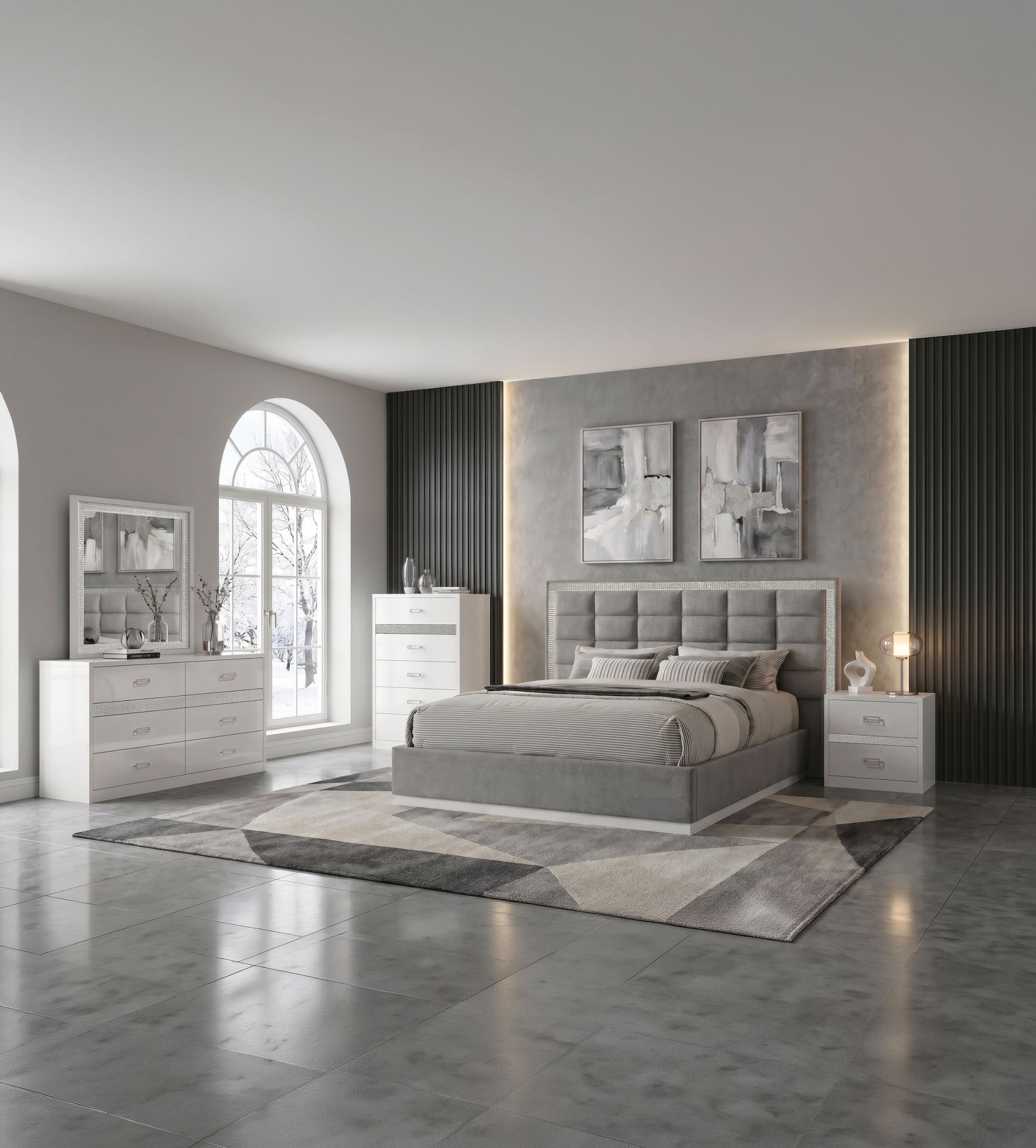 Viana Chenille 5-Piece Queen Bedroom Set in Grey and White - room view