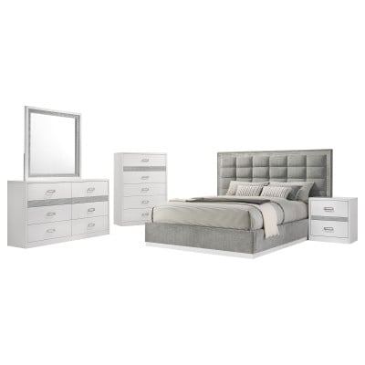 Viana Chenille 5-Piece Queen Bedroom Set in Grey and White - set group view