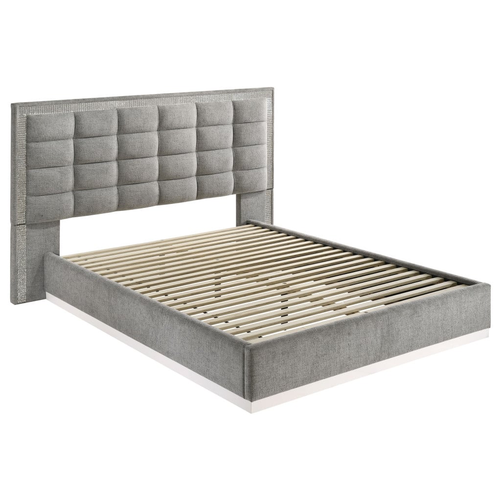 Viana Chenille 5-Piece Queen Bedroom Set in Grey and White - bed front angle view