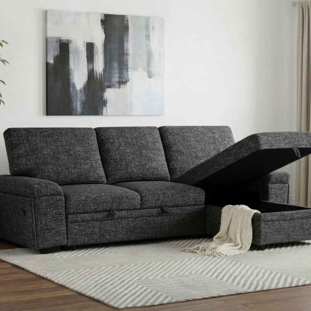 Demko Sleeper Sectional Sofa with Speaker and Storage Chaise, Granite - primary view