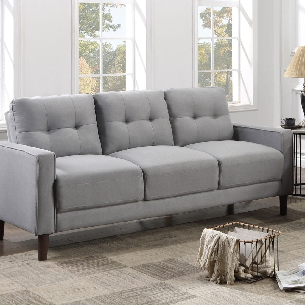 Bowen Gray performance fabric sofa and loveseat set in a bright living room