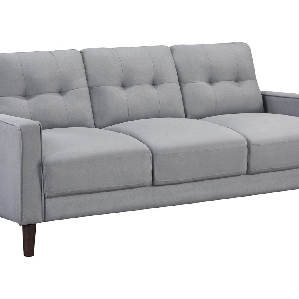 Bowen gray performance fabric sofa and loveseat set in gray polyester fabric, three-quarter view of the three seat sofa showing track arms