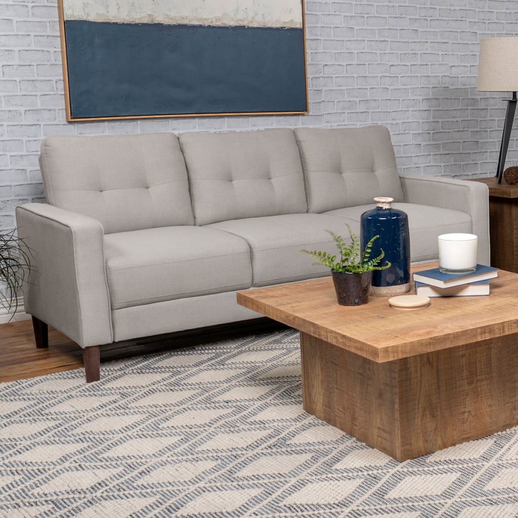 Bowen beige performance fabric track-arm sofa in beige polyester fabric, front view
