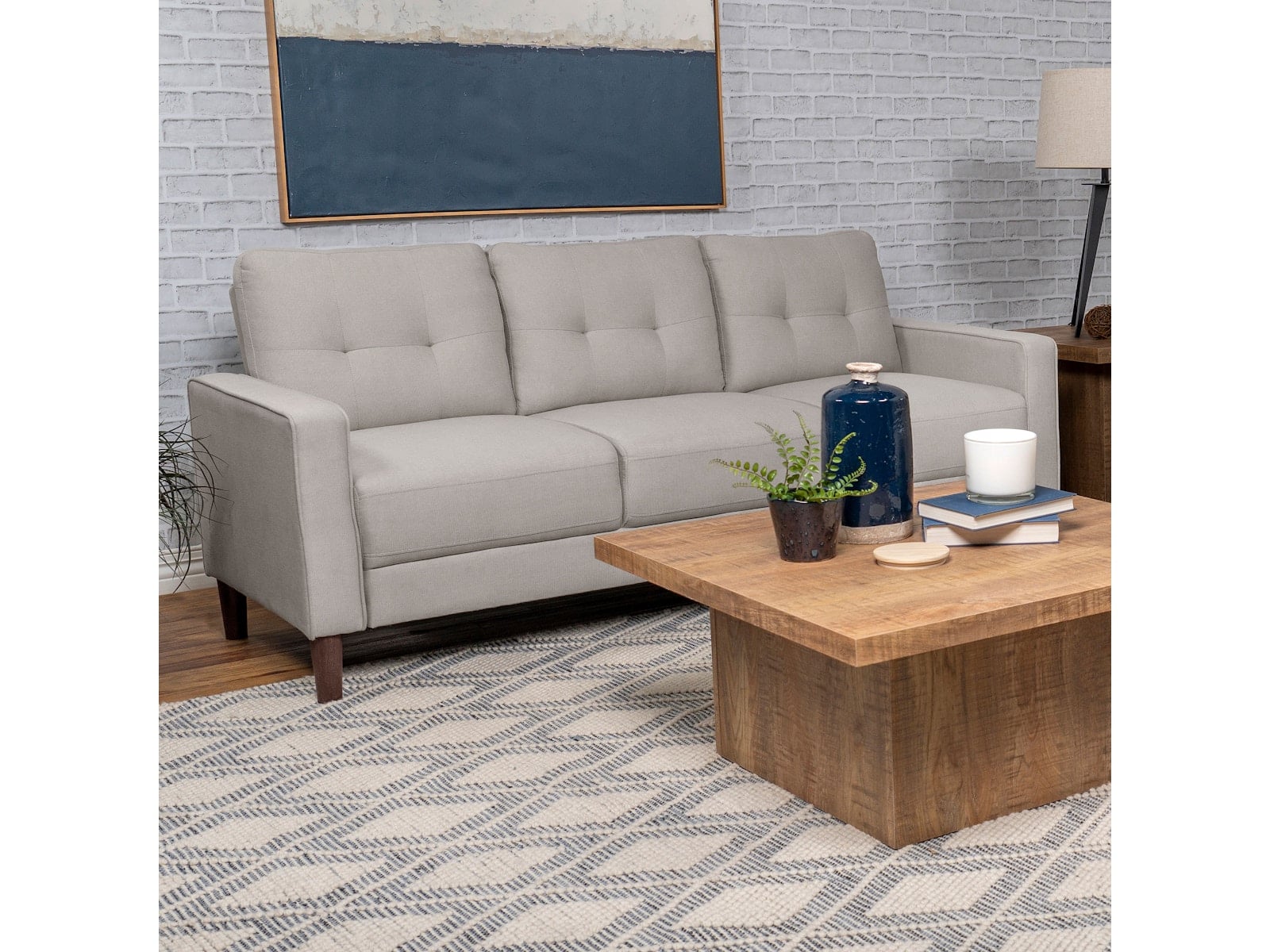 Bowen beige performance fabric track-arm sofa in beige polyester fabric, front view