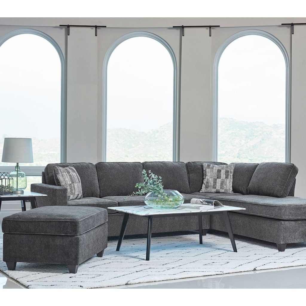 McCord dark grey chenille sectional sofa with reversible chaise, front view