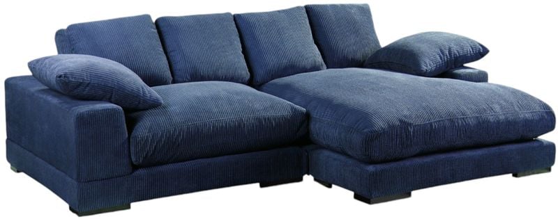 Plunge navy corduroy sectional sofa, angled view