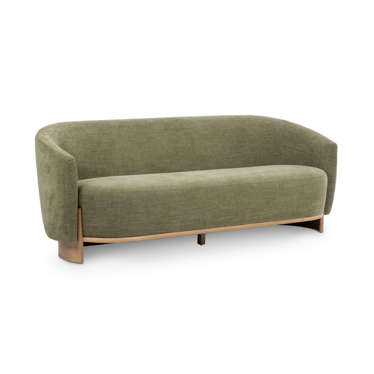 Myra barrel sofa in sage dust green polyester, three-quarter angle view