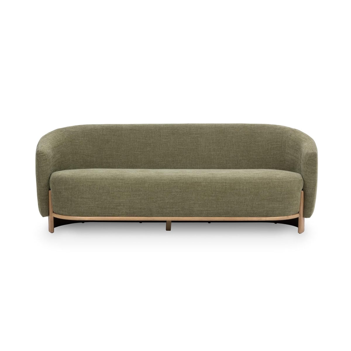 Myra barrel sofa in sage dust green polyester, front view