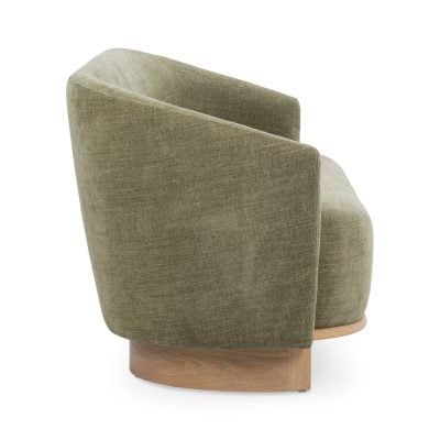Myra barrel sofa in sage dust green polyester, side profile view