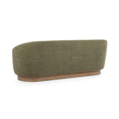 Myra barrel sofa in sage dust green polyester, rear view of the curved back