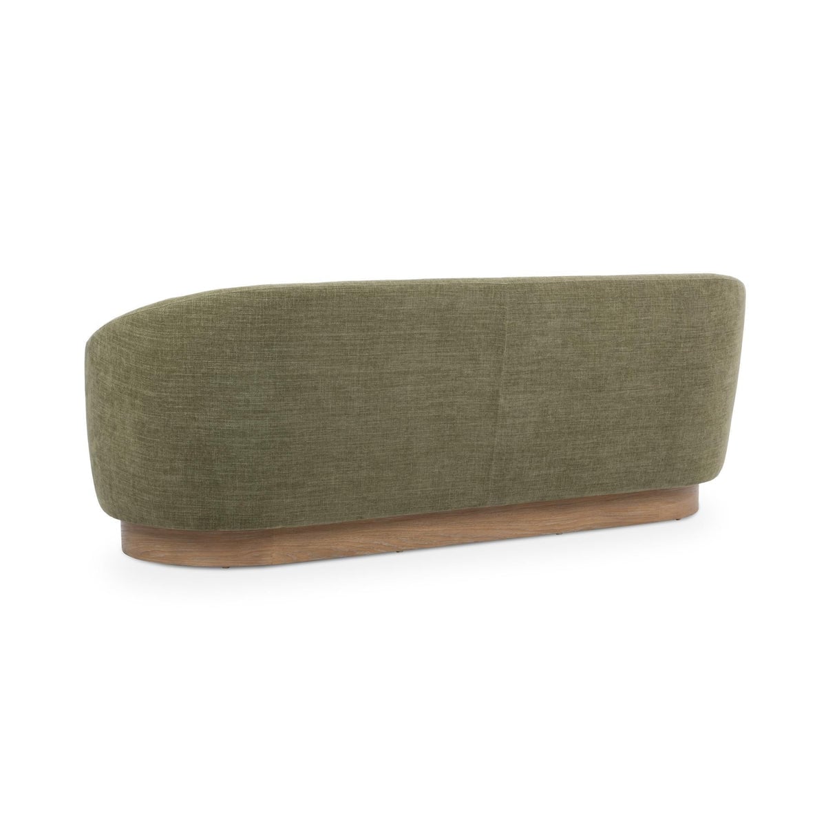 Myra barrel sofa in sage dust green polyester, rear view of the curved back