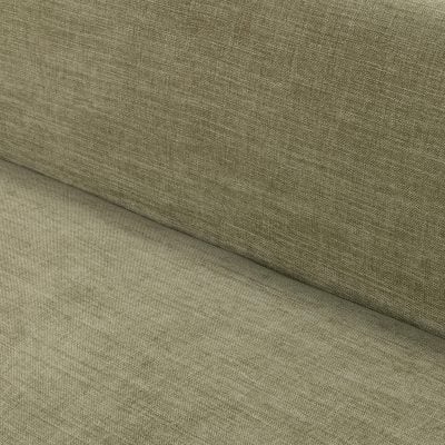 Myra barrel sofa in sage dust green polyester, sculpted solid oak base detail
