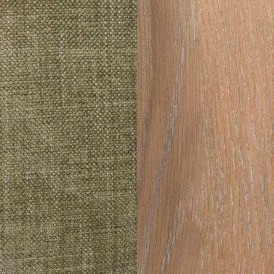 Myra barrel sofa in sage dust green polyester, open side-frame detail