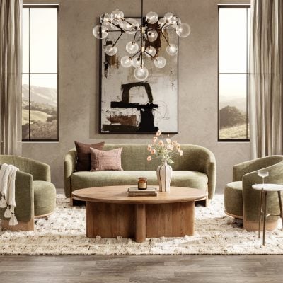 Myra barrel sofa in sage dust green polyester, full room view showing the barrel silhouette