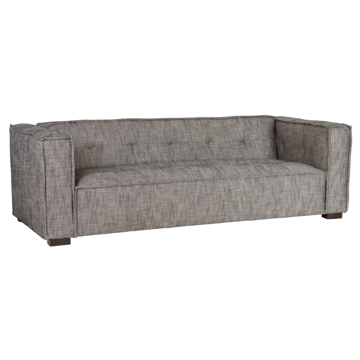 Element button-tufted sofa in gray polyester viscose fabric, front view showing the tufted seat and back