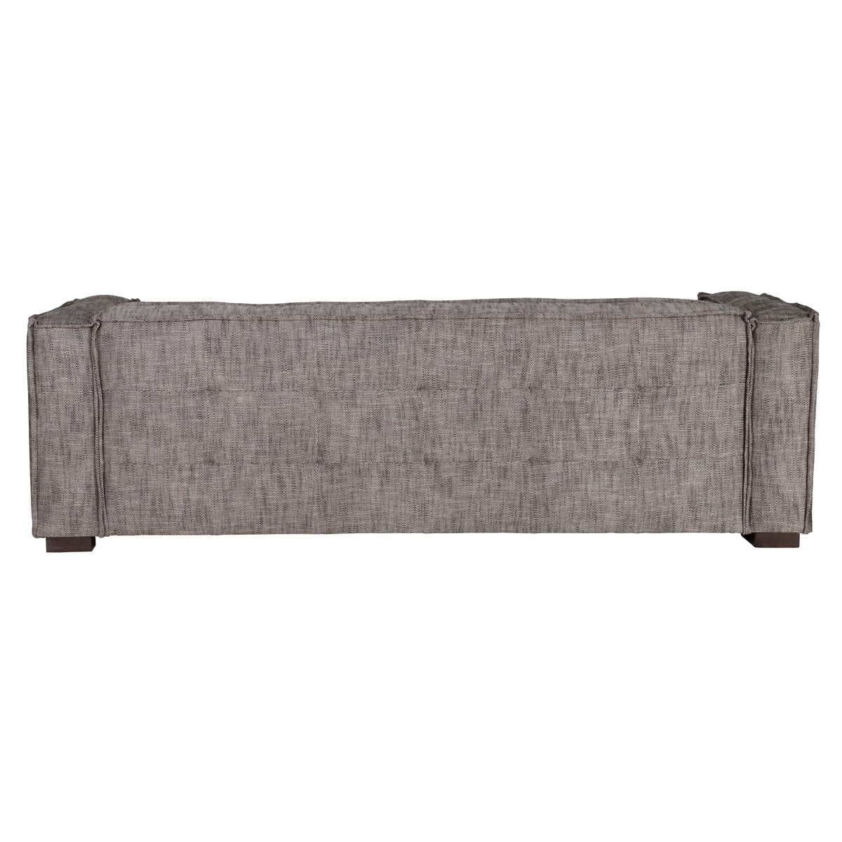 Element button-tufted sofa in gray polyester viscose fabric, three-quarter view with track arms and dark block feet