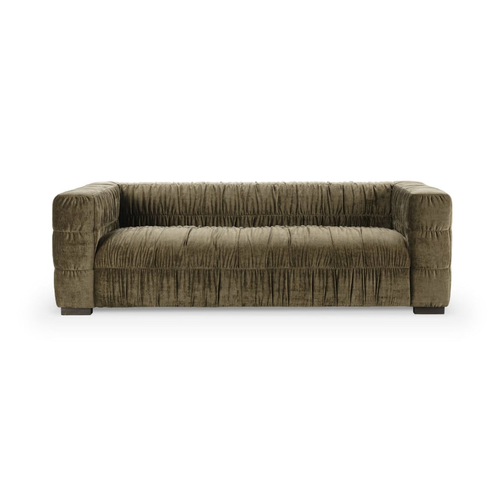 Afeela bench-seat velvet sofa in fern green velvet, three-quarter angle view